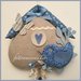 Fiocco nascita "casetta" in cotone ecrù ed azzurro con uccellino e 4 cuori