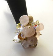 Anello regolabile con base color oro con cristalli,pietra della luna quarzo rosa e madreperla idea regalo per lei