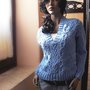 Handknit V - Neck - Aran Sweater in Blue - Cornflower - Size M/L 