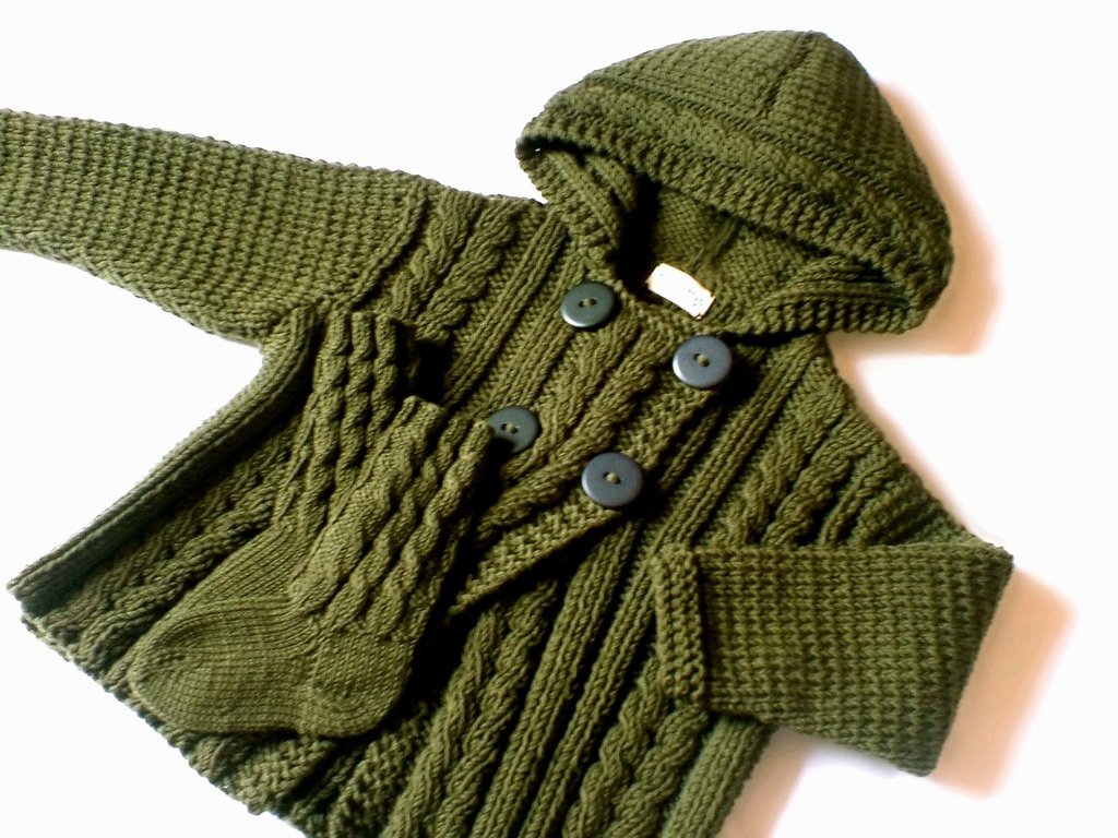 Hand Knit Wool Hooded Jacket- Cardigan for Boy or Girl in military ...