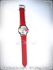 Orologio cinturino in ecopelle rosso e quadrante tondo con motivi floreali 