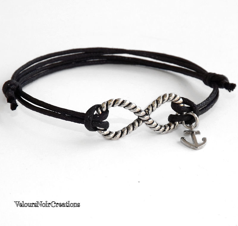 Bracciale con cordino simbolo infinito, targhetta in acciaio