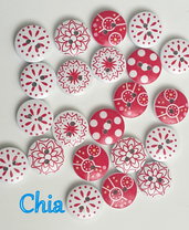 10 bottoni legno fantasie bianco/rosso 15mm diametro