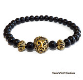 Bracciale elastico artigianale uomo testa di leone  perle nere agata