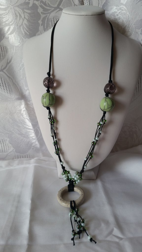 Collana Lunga Con Frange In Legno Avalaya | Gioiello Etnico Verde, Lilla, Bianco, Nero | Cordino In Cotone Regolabile | Accessorio Bohemien