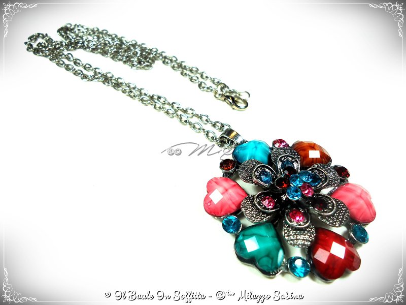 Collana Statement Con Fiore In Strass, Ematite Grigia E Opale Rosa | E-Jules
