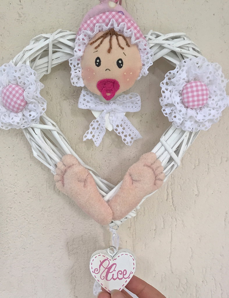 Fiocco Nascita Bimba Personalizzato - Cuore Rosa Con Ghirlanda Vimini | Regalo Per Neonate E Genitori - Foto 5