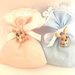 BOMBONIERA COMPLETA sacchetto porta confetti con PIZZO SANGALLO - battesimo nascita fimo - CONIGLIETTI con fiocchetto - ciondoli 