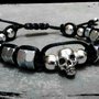 Bracciale unisex in cordino nero con teschio e pallini argentati, misura regolabile, rock, fashion