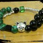 bracciale elastico gatto con malachite, agata nera e argento tibetano