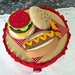Scatola di latta rivestita in feltro, decorata con hamburger e hot dog feltro