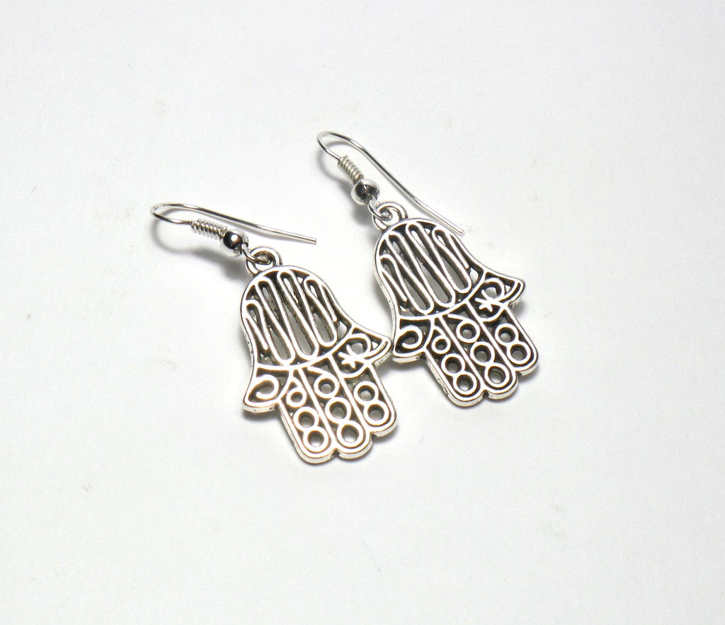 Orecchini Pendenti Mano Di Fatima Con Stella E Luna - Gioielli Portafortuna In Acciaio Inox, Regalo Donna