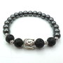 Bracciale con pietre dure naturali Ematite e Lavica con charm centrale Buddha