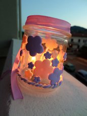Lanterna fiori lilla e rosa riuso vasetto in vetro portacandela tea light-fairy light