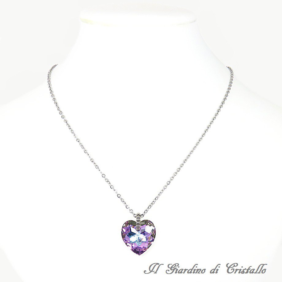 Collana Con Ciondolo In Cristallo Swarovski Barocco Vitrail Viola Chiaro, Argento 925 Rodiato