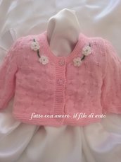 Giacchino / maglia / golfino/ cardigan in lana rosa con fiori bianchi