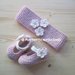 Fascetta in lana e alpaca rosa con fiori bianchi - fascia capelli neonata