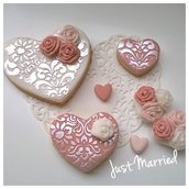 lotto di 10 biscotti decorati a cuore, sweet table, wedding, matrimonio, pizzo e rose in rosa antico
