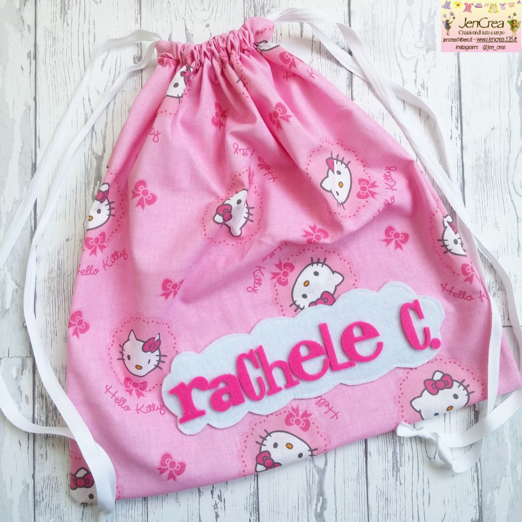 Sacca asilo personalizzata con nome colore rosa con kitty - Bambini