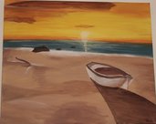 Acrilico su tela barca su spiaggia al tramonto