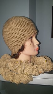 Cappello e sciarpa in lana misto merinos beige