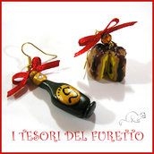 Orecchini Natale " Bottiglia e pandoro cioccolato " spumante champagne Kawaii miniatura capodanno