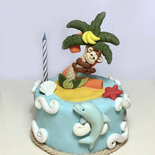 Cake topper decorazione torta compleanno bimbi isola con palma e scimmietta personalizzabile fimo fatto a mano