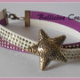 Bracciale in alcantara borchie luminoso viola e bianco con perla intermezzo maxi stella con chiusura a moschettone