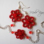 Parure Fiori Rossi Con Brillantini , Orecchini e Bracciale, Chiacchierino, Pizzo,Tipo Uncinetto, Idea Regalo Natale Donna Ragazza Bambina