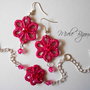 Parure Fiori Fucsia Con Brillantini , Orecchini e Bracciale, Chiacchierino, Pizzo,Tipo Uncinetto, Idea Regalo Natale Donna Ragazza Bambina