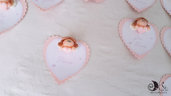 Card Art cuore rosa smerlato segnaposto Battesimo con angioletto con cuore 