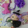 Collana Kawaii FIMO fate lolita, fatina con cestino, fiore viola e fiocco kawaii