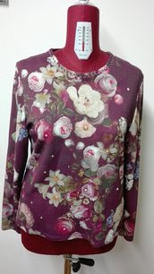 maglia jersey 100% cotone fantasia fiori con paillettes e tubetti perline TG.50 fatta a mano