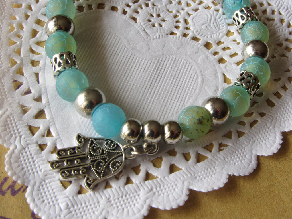 Bracciale Mano Di Fatima Con Occhio Turco E Perle In Legno 8mm – Uomo/Donna – Elastico