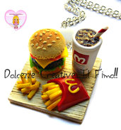 Collana MC Vassoio Hamburger, patatine fritte e cola! - miniature in fimo