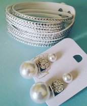 Bracciale Alcantara e strass + orecchini doppia perla e pavè BIANCO