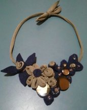 collana di fettuccia in jersey con decorazioni in feltro blu, fettuccia tortora, bottoni e perline su tinta
