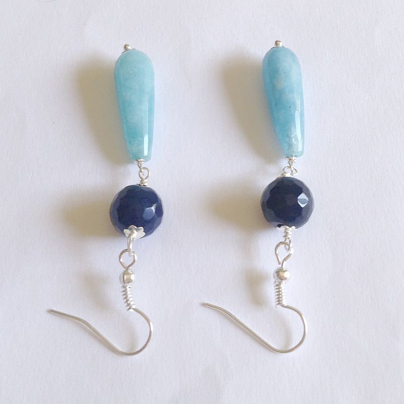 Orecchini Pendenti A Goccia In Agata Naturale Blu Pizzo E Argento 925 - Delicati E Leggeri, Ipoallergenici, Lunghi 3 Cm - Regalo In Scatola