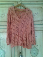 maglia donna lavorata a mano lino con maxi trecce cotone  pull tricot corallo rosa maglione elegante