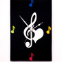 Orologio in legno da parete con note musicali fatto a mano, con sfondo nero e note colorate - Musica