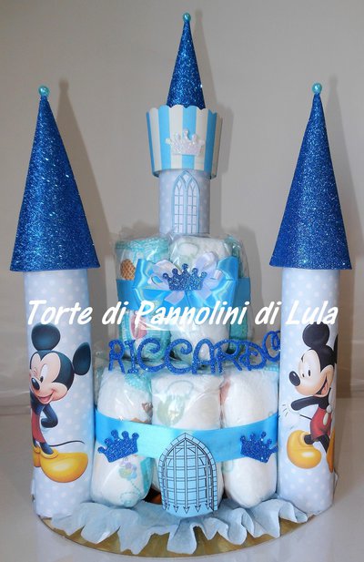 Torta di Pannolini CASTELLO Topolino idea regalo nascita battesimo baby shower 