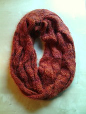 sciarpa scaldacollo donna ai ferri in lana con grande treccia - sciarpa ad anello ramato bruciato  