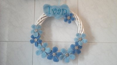 Fiocco nascita, fuori porta in vimini per annuncio lieto evento, per bimbo in celeste e turchese Fiocco nascita, fuori porta in vimini per annuncio lieto evento, per bimbo in celeste e turchese
