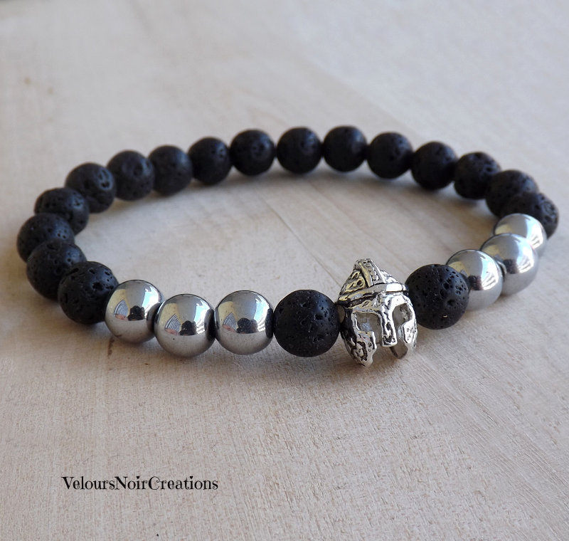 Bracciale uomo pietra lavica e perle in vetro azzurro - Gioielli