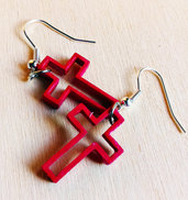 Orecchini pendenti croce rossa, croce in legno